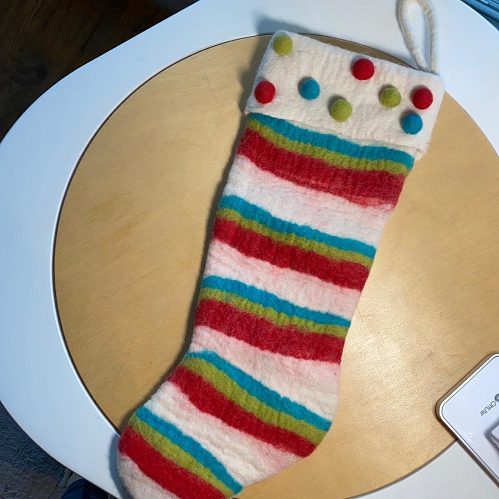 Felted 100 percent wool red green teal cream holiday Christmas stocking